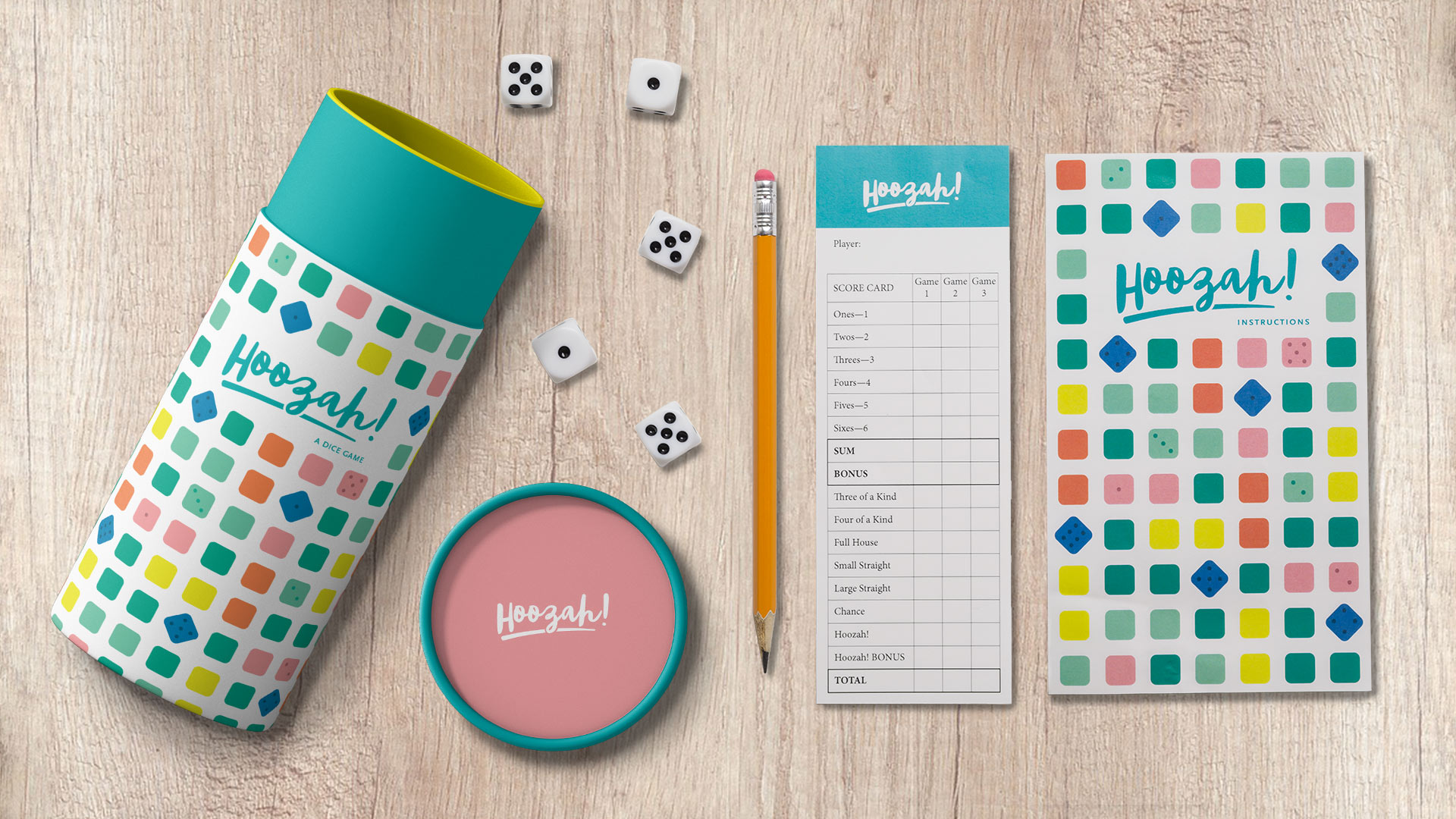 Amanda Siegmann | Packaging, Design, Identity | Based on the dice game Yahtzee, Hoozah is packaged for ease of use while travelling or on the go