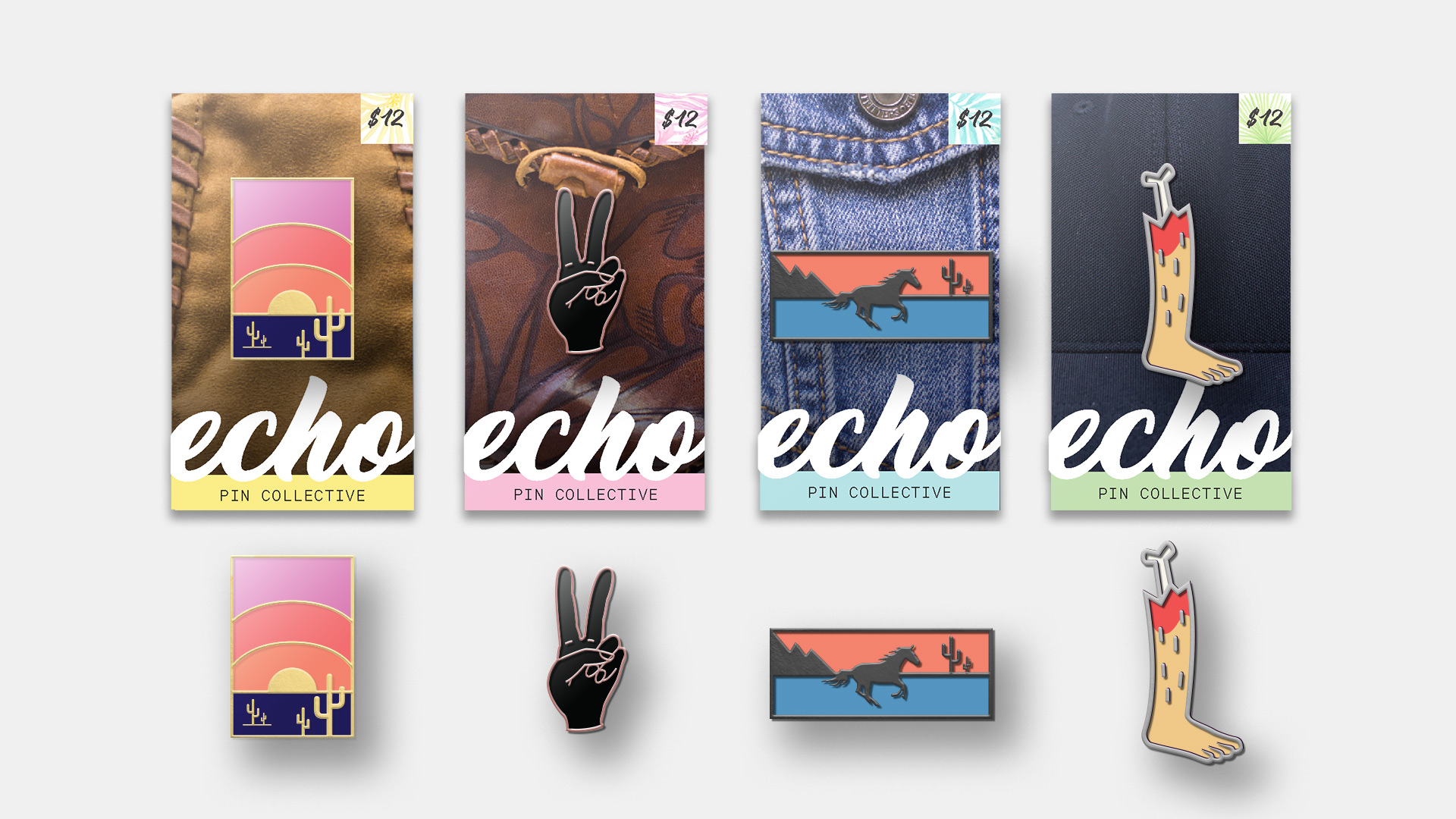 Cheyenne Manning | Packaging, Design, Identity | Echo Pin Collective, pin design #2 by Rachel Sanvido and #4 by Austin Legg