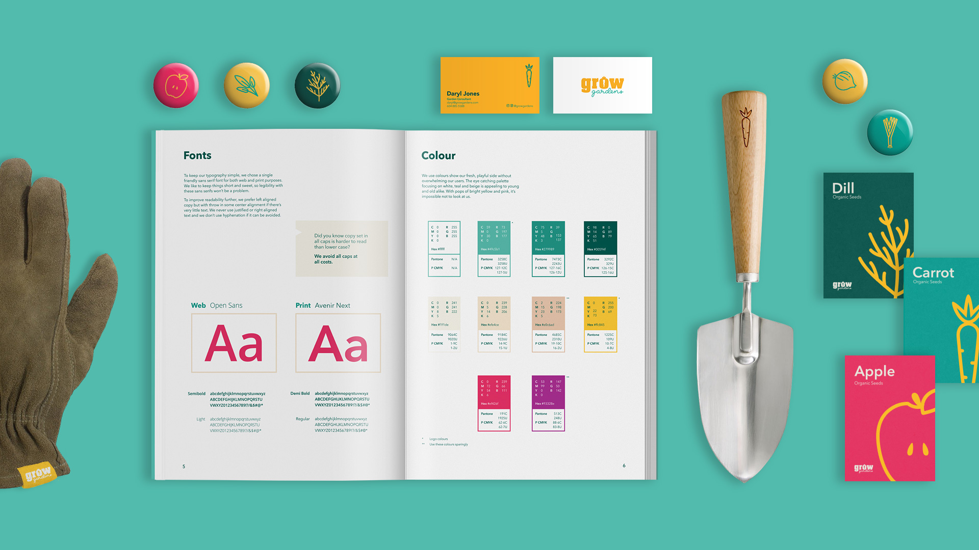 Danielle Vallée | Identity | Friendly brand guide and collateral for Grow Gardens, an accessible gardening service