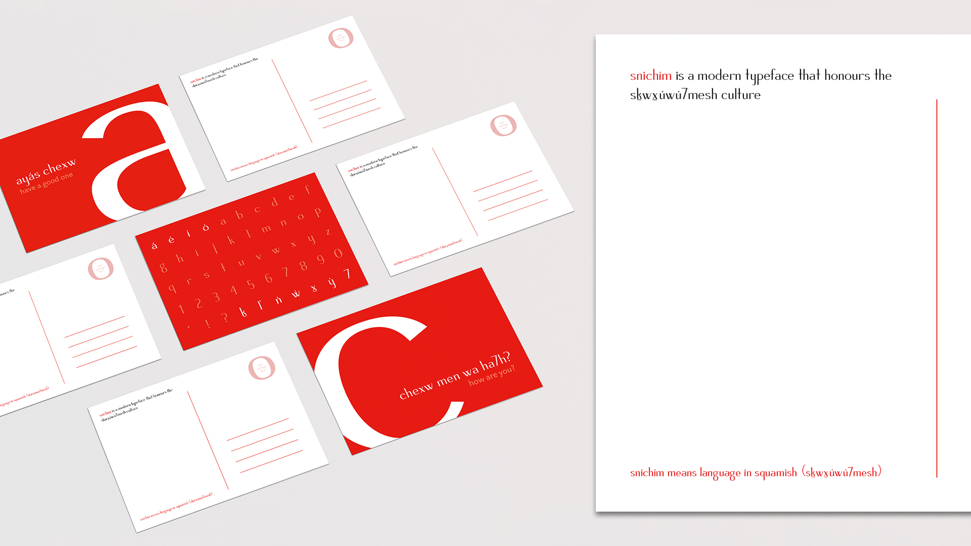 Danielle Vallée | Design | Postcards showcasing Snichím, an elegant English-Squamish typeface