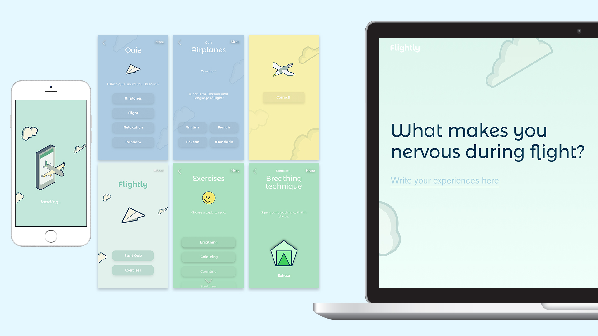 Kyle Papilla | Digital | Flightly: Mobile UI & desktop landing page. Designed with Angela Schmold